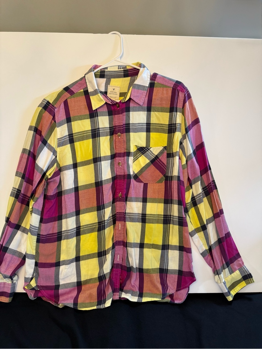 American Eagle Outfitters Yellow and Pink Plaid Button-Down Shirt
